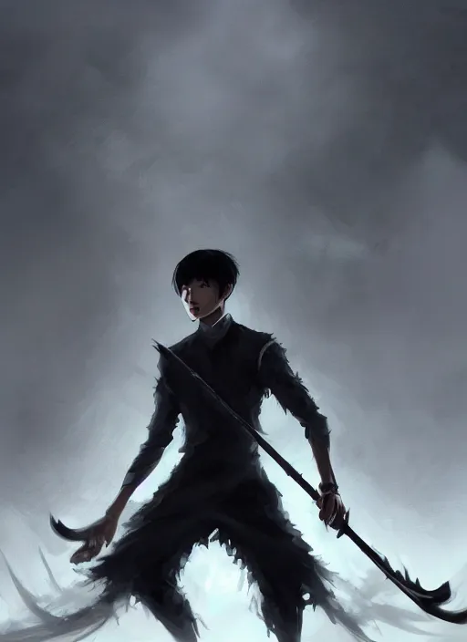 Prompt: a highly detailed illustration of korean man with bowl cut black hair wearing tie with giant black claws, wielding giant black fog claws pose, tired expression, foggy black mist surrounding background, intricate, elegant, highly detailed, centered, digital painting, artstation, concept art, smooth, sharp focus, league of legends concept art, wlop.