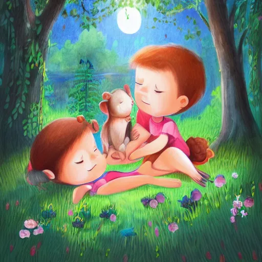 Prompt: a beautiful illustration of cute children dreaming about a beautiful forest, animals around them, high detailed faces, digital art