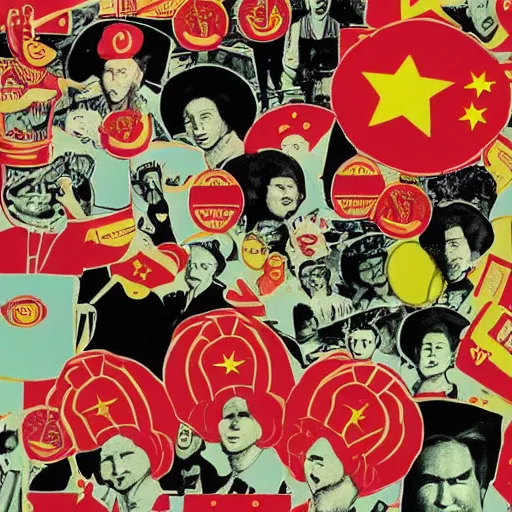 Prompt: a communist revolution in Candy Land, 1960s illustration, high quality, collage in the style of Klaus Voormann and Chinese Propaganda, album cover