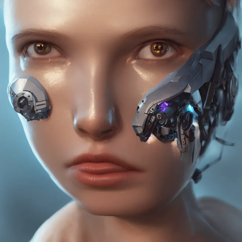 Image similar to hyperrealistic photo of a cyborg girl, volumetric lighting, portrait, epic, cinematic lighting, masterpiece, trending on artstation, very detailed, stunning