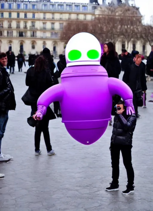 Prompt: purple alien wearing white puffer jacket, in paris, they hold a model ufo, in the style of jojo's bizarre adventure,