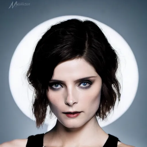 Prompt: Alice Cullen, pale skin, short dark brown hair, symmetrical face, black dress, dramatic lighting, twilight, blue lighting, sharp focus, smooth, Ashley Greene, magical