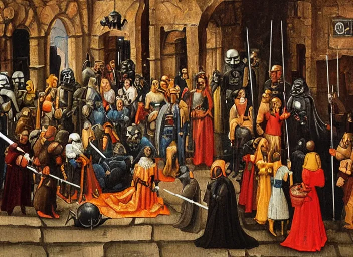 Prompt: medieval oil painting depicting star wars events, realistic, sharp, detailed