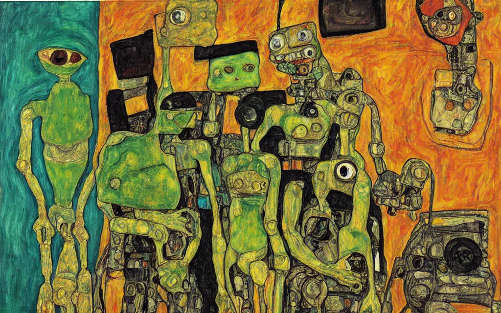 Prompt: a painting of sad pepe the frogs sitting on robots by graham sutherland, egon schiele!, gustav klimt, expressionism