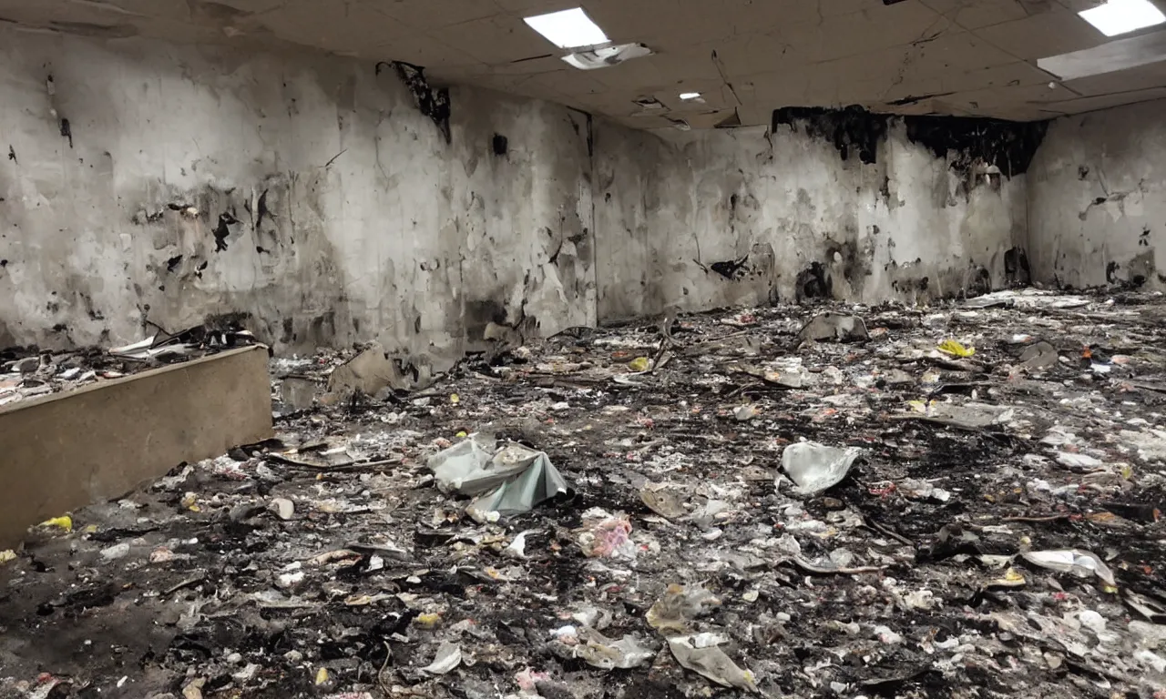 Prompt: backrooms abandoned mall, moldy walls and garbage on fire