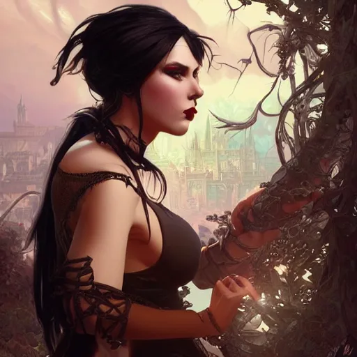 Image similar to a giantess attractive goth girl, cute, intricate, highly detailed, digital painting, artstation, concept art, smooth, sharp focus, illustration, unreal engine 5, 8 k, art by artgerm and greg rutkowski and alphonse mucha