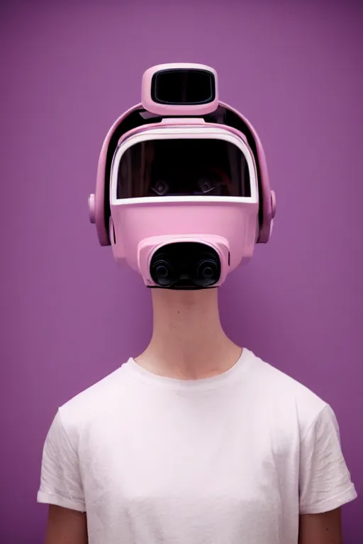 Prompt: a high definition film photograph of a normal androgynous robot human wearing a plain white t - shirt, in a pastel pink room. happy. led visor scuba mask. crushed shadows.