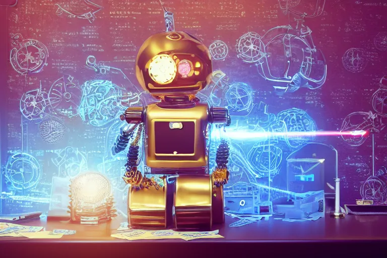 Image similar to photo of a golden and blue metal steampunk office robot with gears and tubes sitting in a modern office, on the office table and floor is a mountain of money bills, eyes are glowing red lightbulbs, shiny crisp finish, 3 d render, 8 k, insaneley detailed, fluorescent colors, background is multicolored lasershow