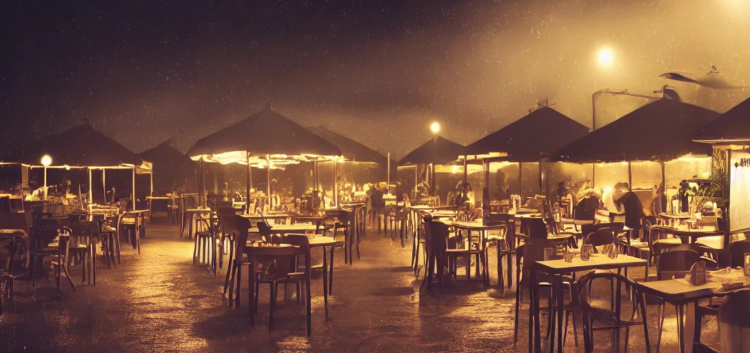 Prompt: Look of Small outdoor high profile restaurant, light rain, night, noire tents, digital art, 8k, moody details