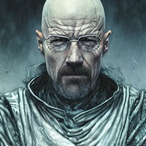 Image similar to Walter white as a dark fantasy warrior, made by gerald brom and luis royo