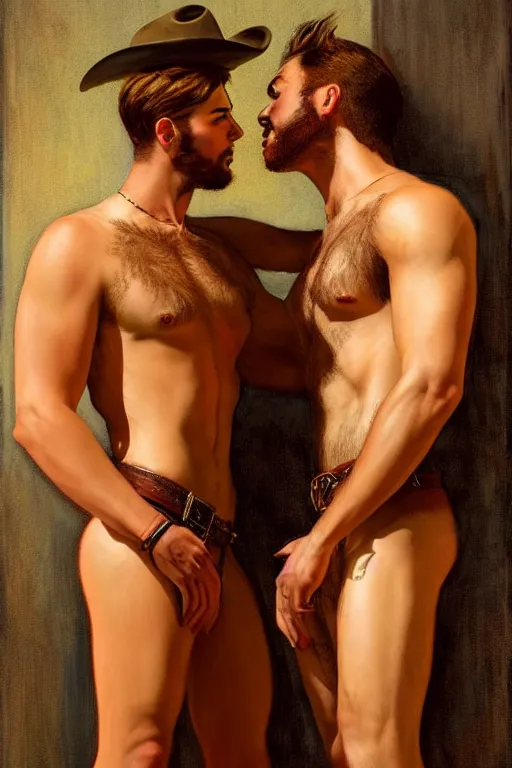 Prompt: a homoerotic symmetrical painting by clyde aspevig, greg rutkowski, gaston bussiere, j. c. leyendecker of attractive hairy gunslinger and handsome cowboy wearing leather pants, they are in love standing back to back | bandoliers, shirtless | tom of finland, trending on artstation