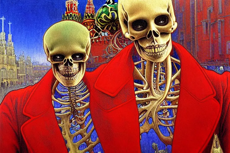 Prompt: realistic detailed closeup portrait painting of a single skeleton wearing red velvet blazer in a crowded futuristic moscow street by Jean Delville, Amano, Yves Tanguy, Alphonse Mucha, Ernst Haeckel, Edward Robert Hughes, Roger Dean, rich moody colours, blue eyes