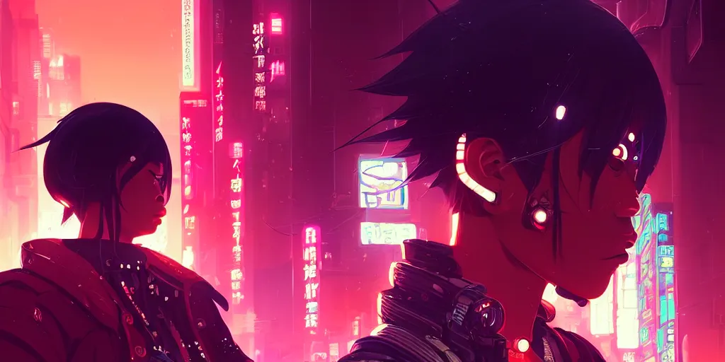 Image similar to digital illustration closeup portrait of cyberpunk samurai in city street at night by makoto shinkai, ilya kuvshinov, lois van baarle, rossdraws, basquiat | afrofuturism, in the style of hearthstone, trending on artstation | cool color scheme