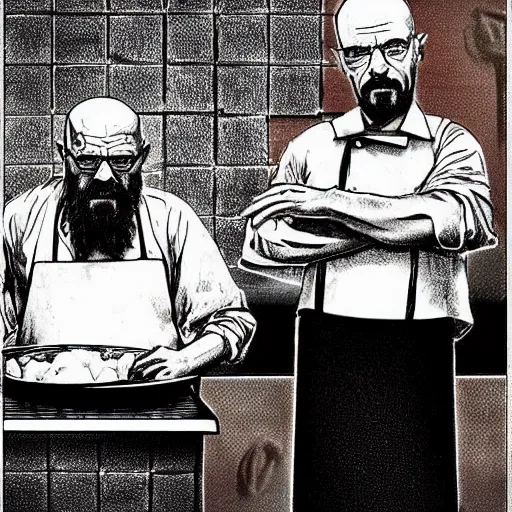 Image similar to walter white and jesus cooking together in a restaurant