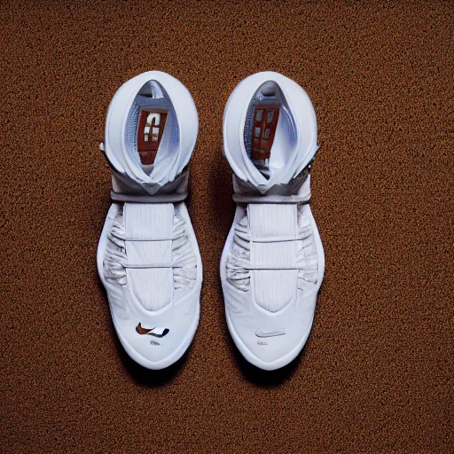 Image similar to a studio photoshoot of A Nike Lebron sneaker designed by Virgil Abloh, mesh fabrics, Off-White, realistic, color film photography by Tlyer Mitchell, 35 mm, graflex