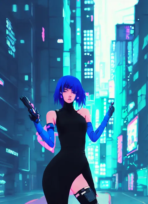 Image similar to digital illustration of cyberpunk pretty girl with blue hair, wearing a tight black dress, full body pose, in city street at night, by makoto shinkai, ilya kuvshinov, lois van baarle, rossdraws, basquiat