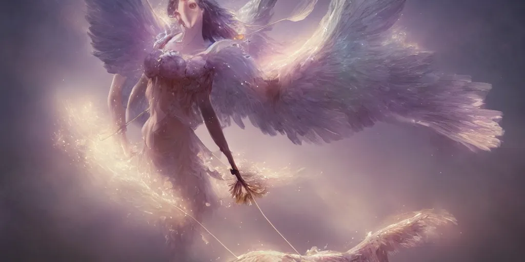 Image similar to An angel with beautiful face shooting luminous arrows with a bow on a country landscape covered with flowers, inspired by Amandine Van Ray, Christophe Vacher, trending on artstation, heavenly colors, volumetric lighting