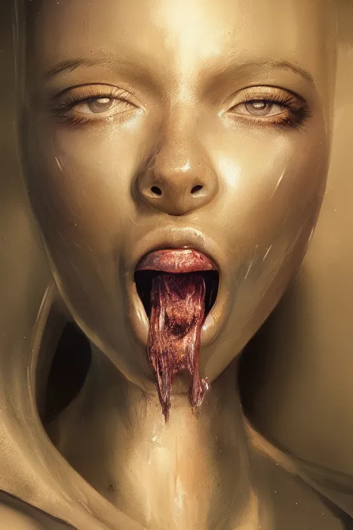 Image similar to attractive female i robot sticking out the tongue out sensually, close - up portrait, intricate, elegant, volumetric lighting, scenery, digital painting, highly detailed, artstation, sharp focus, illustration, concept art, luis rollo, ruan jia, steve mccurry, john berkey