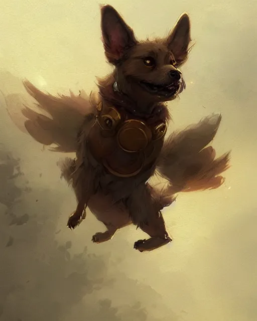 Image similar to a cute magical flying dog, fantasy art drawn by disney concept artists, greg rutkowski, golden colour, high quality, highly detailed, elegant, sharp focus, concept art, character concepts, digital painting, mystery, adventure