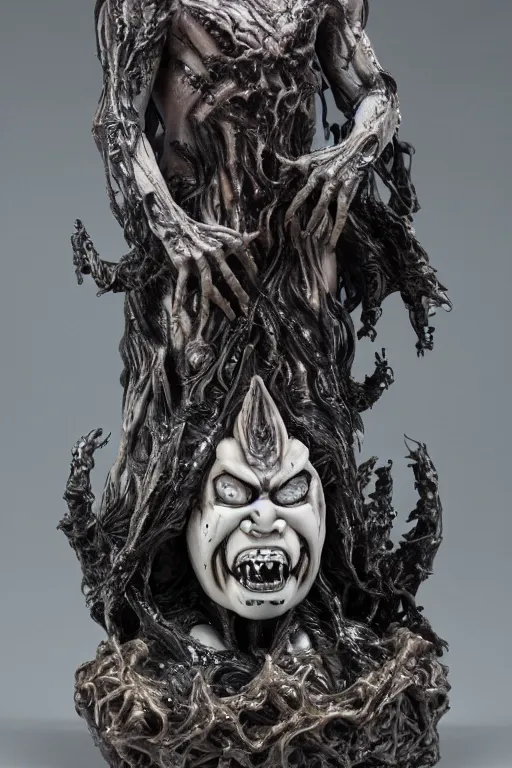 Image similar to porcelain and quartz oni statue made by Kris Kuksi and HR Giger