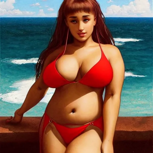 Prompt: sexy painting of 3 5 0 - pound ariana grande, red bikini, belly button piercing, ultra realistic, sharp details, subsurface scattering, intricate details, warm lighting, beautiful features, highly detailed, photorealistic, octane render, 8 k, unreal engine, art by artgerm and greg rutkowski and alphonse mucha