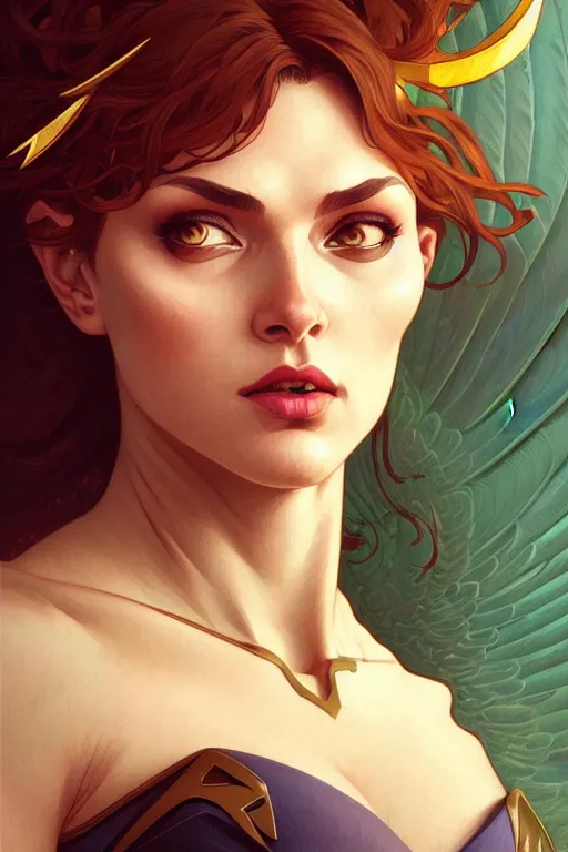 Image similar to a portrait of hawkgirl, fantasy, sharp focus, intricate, elegant, digital painting, artstation, matte, highly detailed, concept art, illustration, ambient lighting, art by ilya kuvshinov, artgerm, alphonse mucha, and greg rutkowski