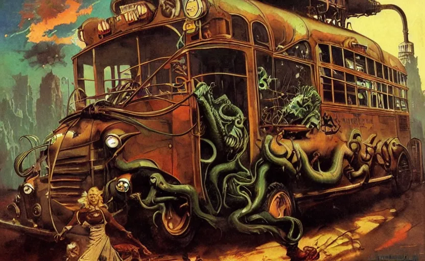 Image similar to cthulhu driving a steampunk school bus. highly detailed science fiction painting by norman rockwell, frank frazetta, and syd mead. rich colors, high contrast, gloomy atmosphere, dark background. trending on artstation