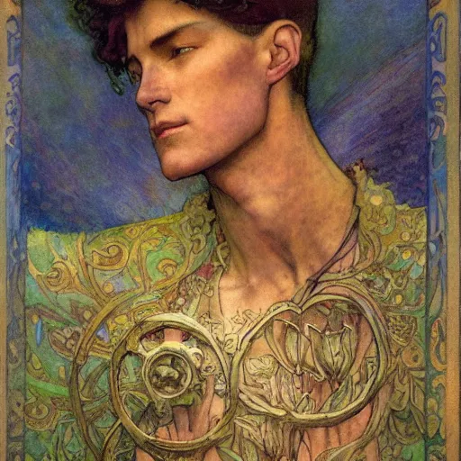 Prompt: the flower prince, by jessie willcox smith and donato giancola and nicholas roerich, symbolist, tattoos, dramatic lighting, elaborate geometric ornament, art brut, god rays, soft cool colors, smooth, sharp focus, extremely detailed