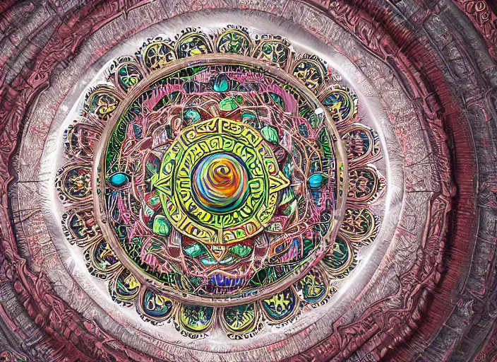 Image similar to hyperrealism, detailed textures, photorealistic 3 d render, a coloured beautiful mystical tibetan kalachakra mandala with sanskrit writing, sharp focus, ultra realistic, ultra high pixel detail, cinematic, intricate, cinematic light, concept art, illustration, art station, unreal engine 8 k