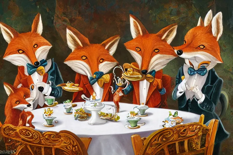 Prompt: anthropomorphic foxes wearing monocles and top hats at a tea party, style of kitsch art painting