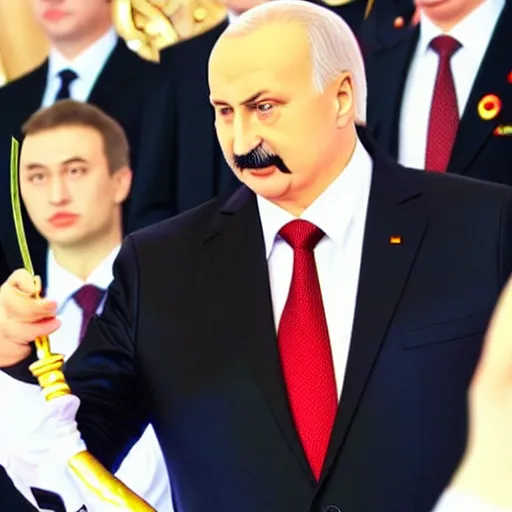 Image similar to president of belorussia, alexander lukashenko in anime with golden long wand in his hands in anime style, sailor moon, anime, perfect faces, fine details