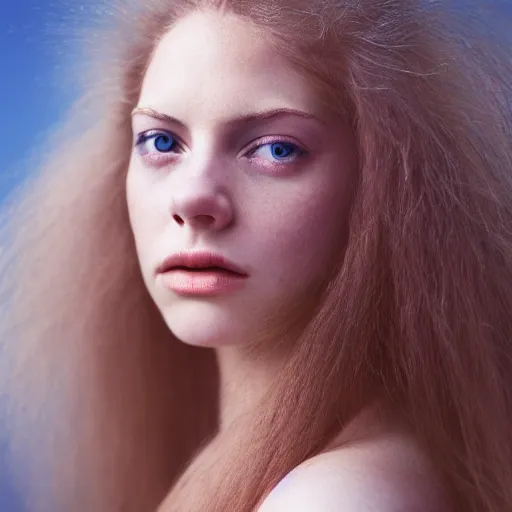 Prompt: a vivid portrait of a female with beautiful hair, light skin, and big blue eyes, soft cinematic lighting, shallow depth of field, photograph by annie leibovitz, 4k