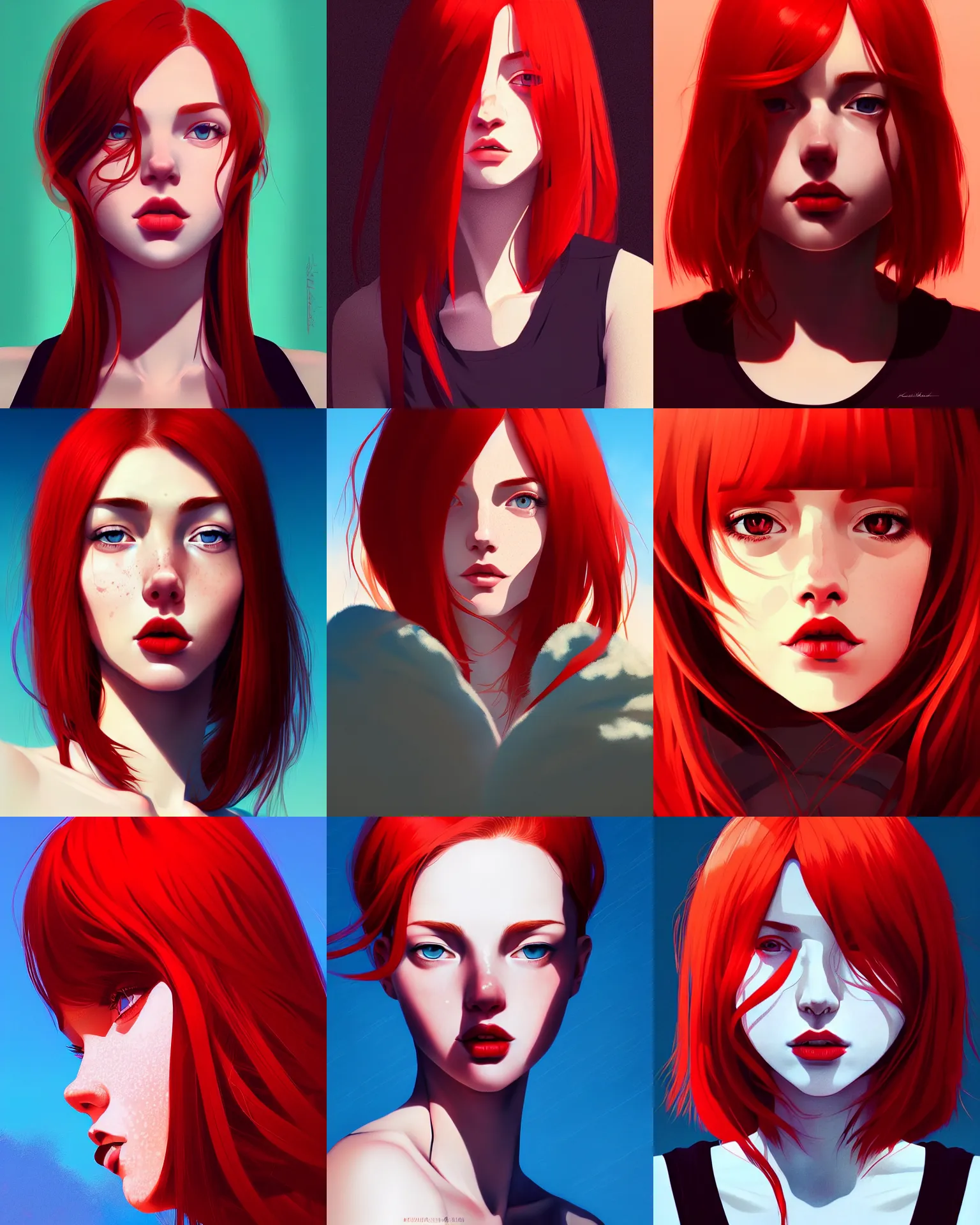 Prompt: a detailed portrait of a mesmerizing woman with red hair and freckles by ilya kuvshinov, digital art, dramatic lighting, dramatic angle