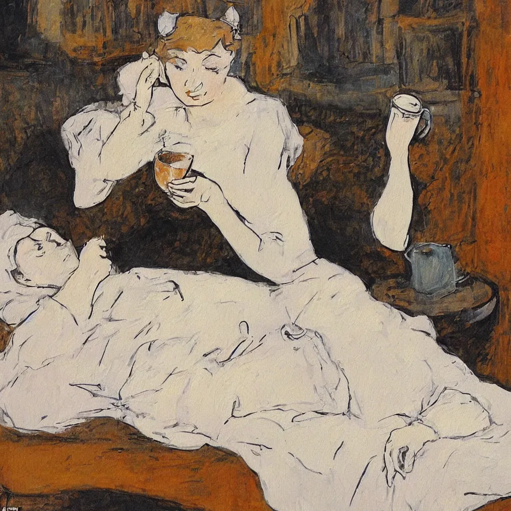 Image similar to a beautiful painting of a beautiful far woman drinking coffee in a bed with white sheets drinking coffee in the style of telous lautrec