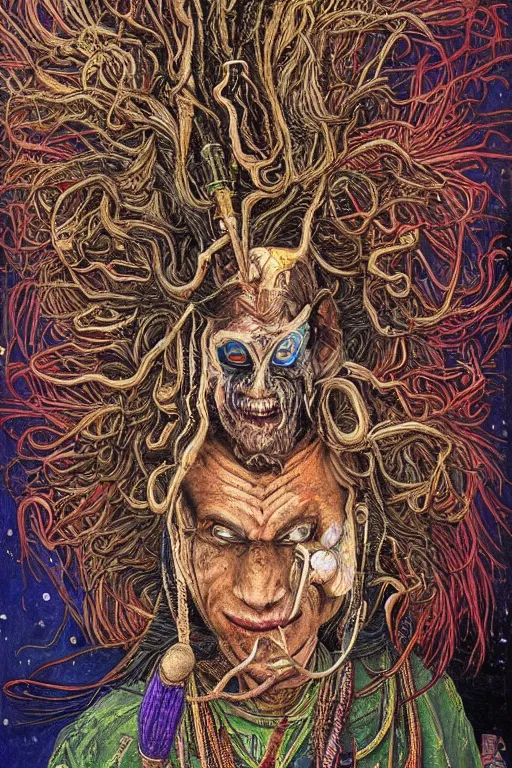 Image similar to a high hyper - detailed painting with complex textures, of an oriental shaman with tangled hair and a terrifying mask, wears a tunic vs. barefoot and has a cane, he is performing a ritual to access the world of imagination and dreams, cosmic horror spiritual visionsrio psychedelic weird bizarre art