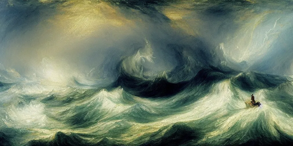 Image similar to A painting of a ship at sea, in a storm, by J.M.W. Turner