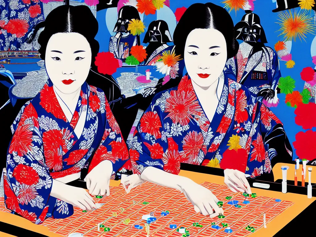 Image similar to hyperrealism composition of the detailed single woman in a japanese kimono sitting at a extremely detailed poker table with darth vader, fireworks, river on the background, pop - art style, jacky tsai style, andy warhol style, acrylic on canvas