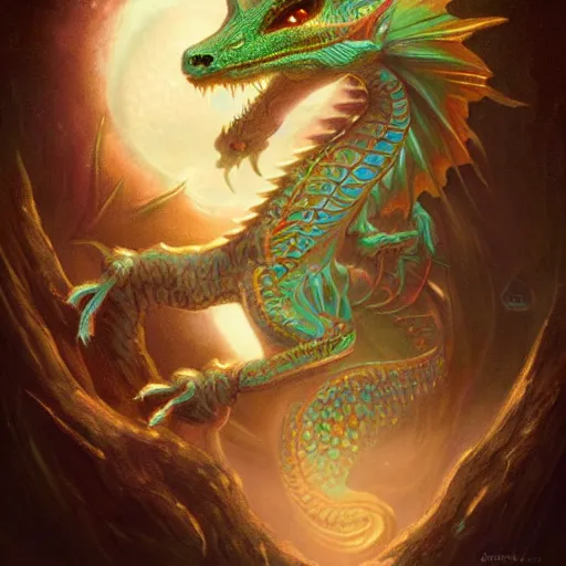 Image similar to a hyperrealistic illustration of a cute and tiny dragon that glows in the dark, dragon baby, glow in the dark, fractal moonlight, little dragon with glowing scales, award - winning, masterpiece, in the style of tom bagshaw, cedric peyravernay, peter mohrbacher