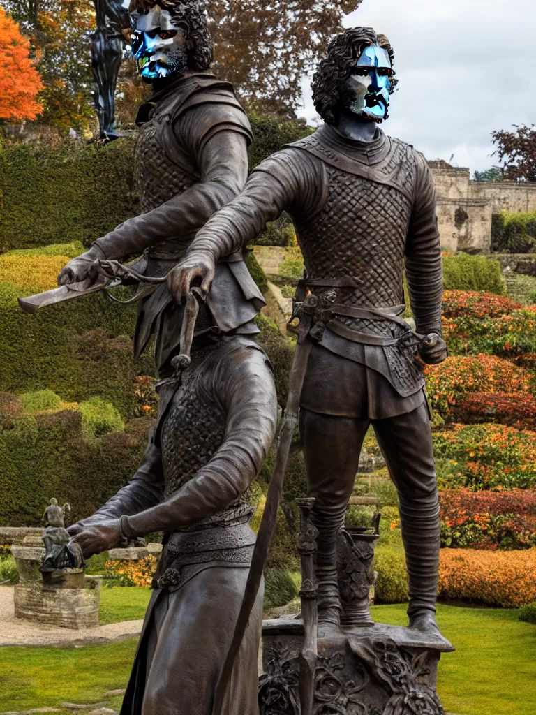 Image similar to detailed photo of old bronze patina statue of jon snow, game of thrones, super highly detailed, full body view, various poses, the garden of a castel in background, photorealism, intricate detail, museum diffuse lighting, autumn sunlights