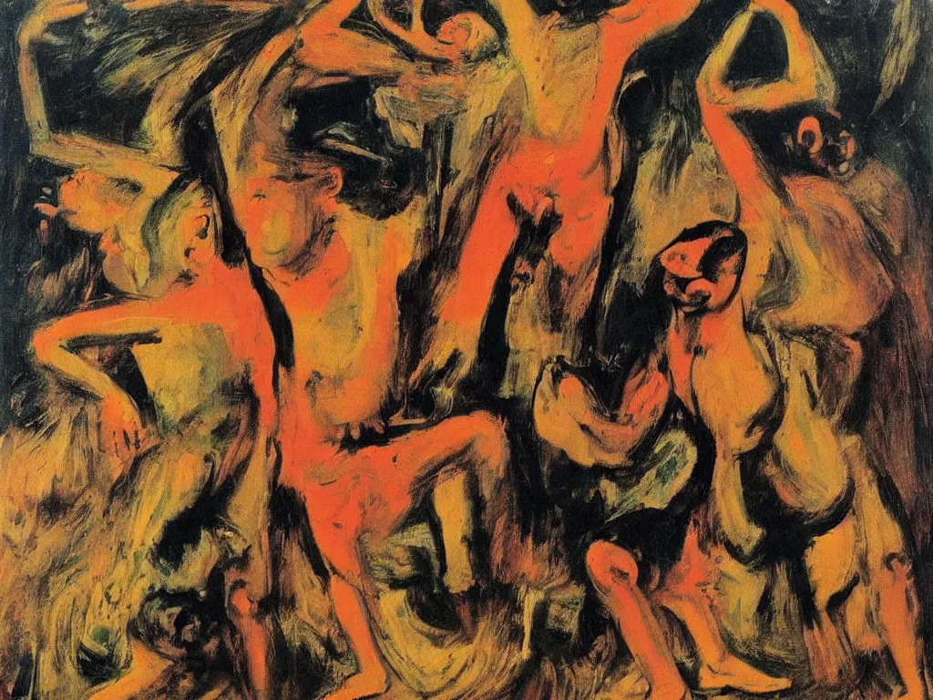 Image similar to surreal, tribal dance, art by willem de kooning, gustave courbet