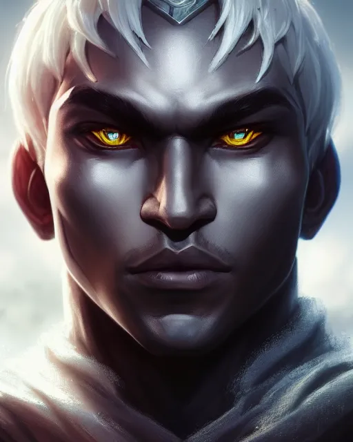 Prompt: portrait, beautiful male drow, long white braid, super detailed, light black armor with silver accenting, cape, 8 k, filmic, octane render, sunlight, town center background, artstation, greg rutkowski, rossdraws, william bouguereau, sharp focus