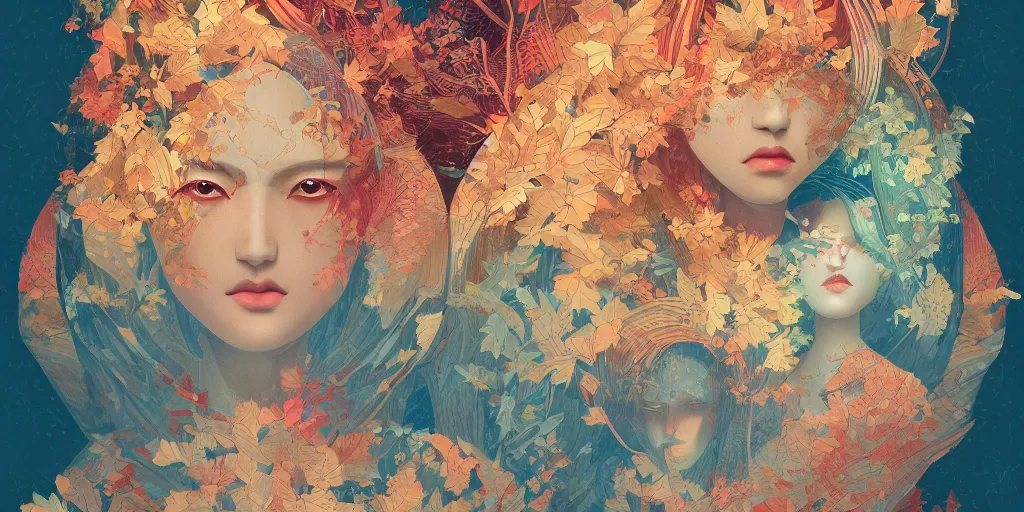 Image similar to breathtaking detailed concept art painting kaleidoscope art deco pattern of blonde faces goddesses amalgamation autumn leaves, by hsiao - ron cheng, bizarre compositions, exquisite detail, extremely moody lighting, 8 k