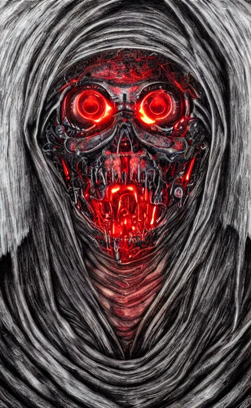 Image similar to portrait of terminator, glowing red eyes, by wayne barlow, stanley donwood, anton semenov, zdzislaw bekinski, hr giger, 8 k, fantasy, dark, highly detailed