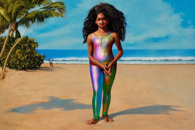 Image similar to a happy sri lankan girl in swinsuit at the beach with iridescent skin by kehinde wiley