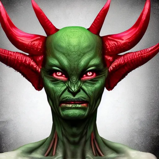 Image similar to realistic alien, medium shot portrait, devil horns,,!!!!! human eyes!!!!!!, green body. red eyes, background flames