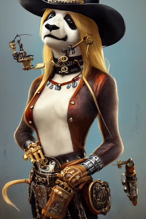 Prompt: anthropomorphic panda as a steampunk cowgirl with long blonde hair, intricate, elegant, highly detailed, digital painting, artstation, concept art, smooth, sharp focus, contemporary fashion shoot, by edward robert hughes, annie leibovitz and steve mccurry, david lazar, jimmy nelsson, hyperrealistic, octane render