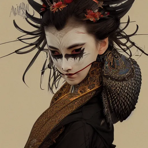 Image similar to a photorealistic dramatic fantasy render of a beautiful woman wearing a beautiful intricately detailed japanese crow kitsune mask and clasical japanese kimono by wlop, artgerm, greg rutkowski, alphonse mucha, beautiful dynamic dramatic dark moody lighting, shadows, cinematic atmosphere, artstation, concept design art, octane render, 8 k