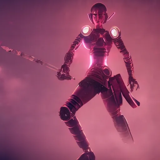 Image similar to warrior woman fights, pink robot enemies, octane render, cgsociety, detailed