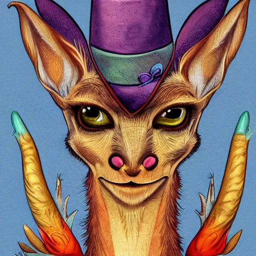 Image similar to a dik dik monster with tattoos wearing a fedora, colorful, digital art, fantasy, magic, trending on artstation, ultra detailed, professional illustration by basil gogos