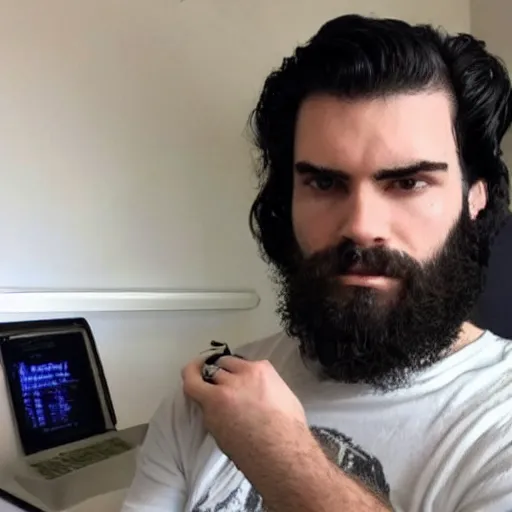 Image similar to a chad with wavy black hair and a beard. muscular. godlike. using a computer.